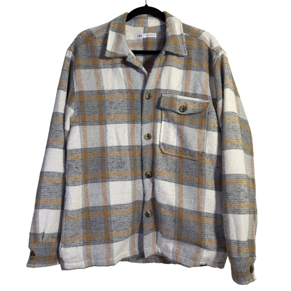 ZARA Oversized Plaid Shirt Jacket Women's Size L Button Down Shacket‎ Pockets